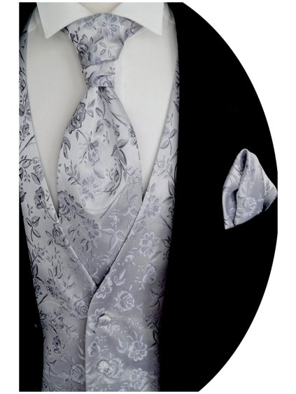 Stříbrná svatební vesta Beytnur 16-3 plastron, kravata a kapesníček (Prodloužená velikost 102)