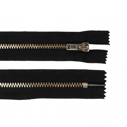 Zips čierny, kovový zlatý, šírka zúbkov 5mm, dĺžka 15 cm K243