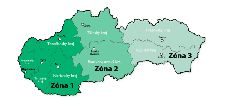 Mapa Slovenska s tromi prepravnými zónami