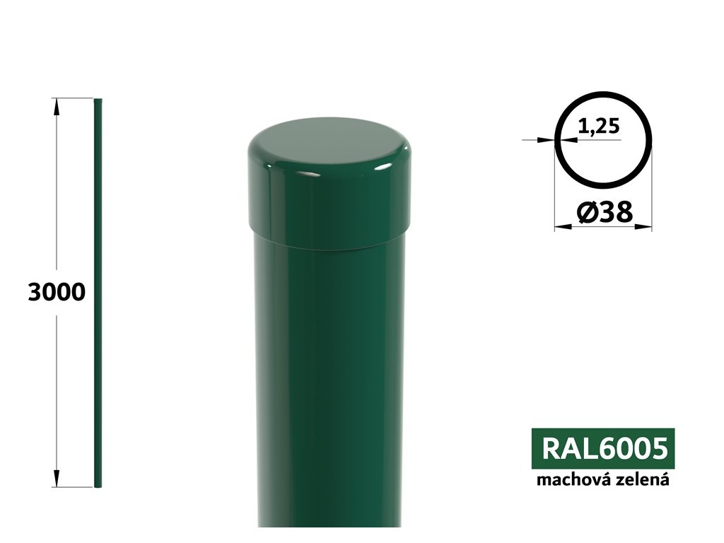 okruhly plotovy stlpik priemer 38 mm pletivo na plot dlzka 3000 mm pozinkovany poplastovany machova zelena ral 6005
