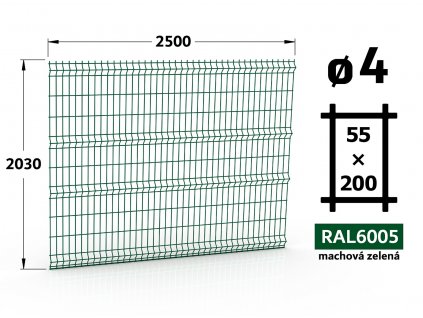 plotovy panel 4mm oko 55x200 jupiter fenix vyska 203 dlzka 250 machova zelena ral 6005 41 drotov