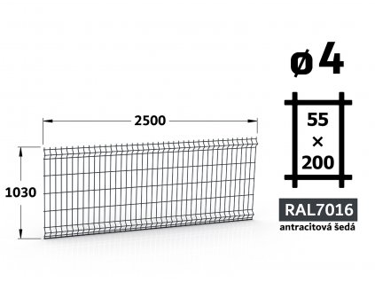 plotovy panel 4mm oko 55x200 jupiter fenix vyska 103 dlzka 250 antracitova seda ral 7016 41 drotov