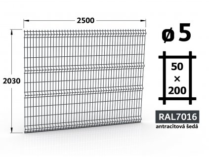 plotovy panel 5mm oko 50x200 pluto delfin classic vyska 203 dlzka 250 antracitova seda ral 7016 46 drotov