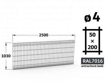 plotovy panel 4mm oko 50x200 pluto light brico apollo vyska 103 dlzka 250 antracitova seda ral 7016 46 drotov