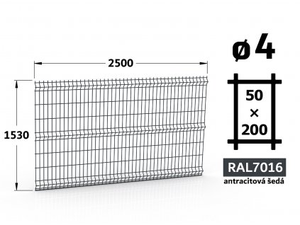 plotovy panel 4mm oko 50x200 pluto light brico apollo vyska 153 dlzka 250 antracitova seda ral 7016 46 drotov