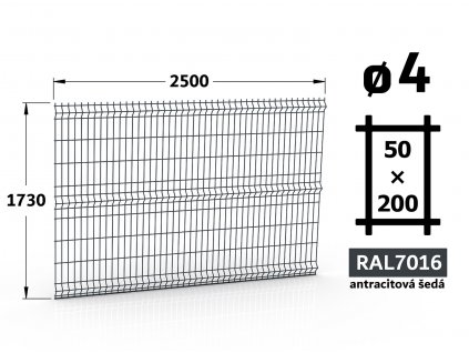 plotovy panel 4mm oko 50x200 pluto light brico apollo vyska 173 dlzka 250 antracitova seda ral 7016 46 drotov