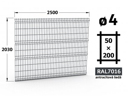 plotovy panel 4mm oko 50x200 pluto light brico apollo vyska 203 dlzka 250 antracitova seda ral 7016 46 drotov