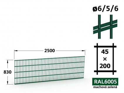 plotovy panel 6 5 6mm oko 45x200 double vyska 083 dlzka 250 machova zelena ral 6005 51 drotov
