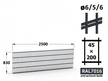 plotovy panel 6 5 6mm oko 45x200 double vyska 51W double vnutorne oka vsetky dlzka 250 antracitova seda ral 7016 51 drotov