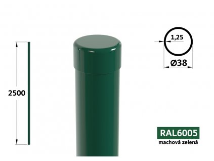 okruhly plotovy stlpik priemer 38 mm pletivo na plot dlzka 2500 mm pozinkovany poplastovany machova zelena ral 6005
