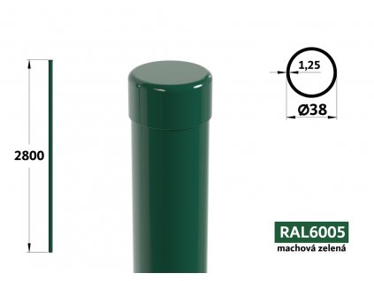 okruhly plotovy stlpik priemer 38 mm pletivo na plot dlzka 2800 mm pozinkovany poplastovany machova zelena ral 6005