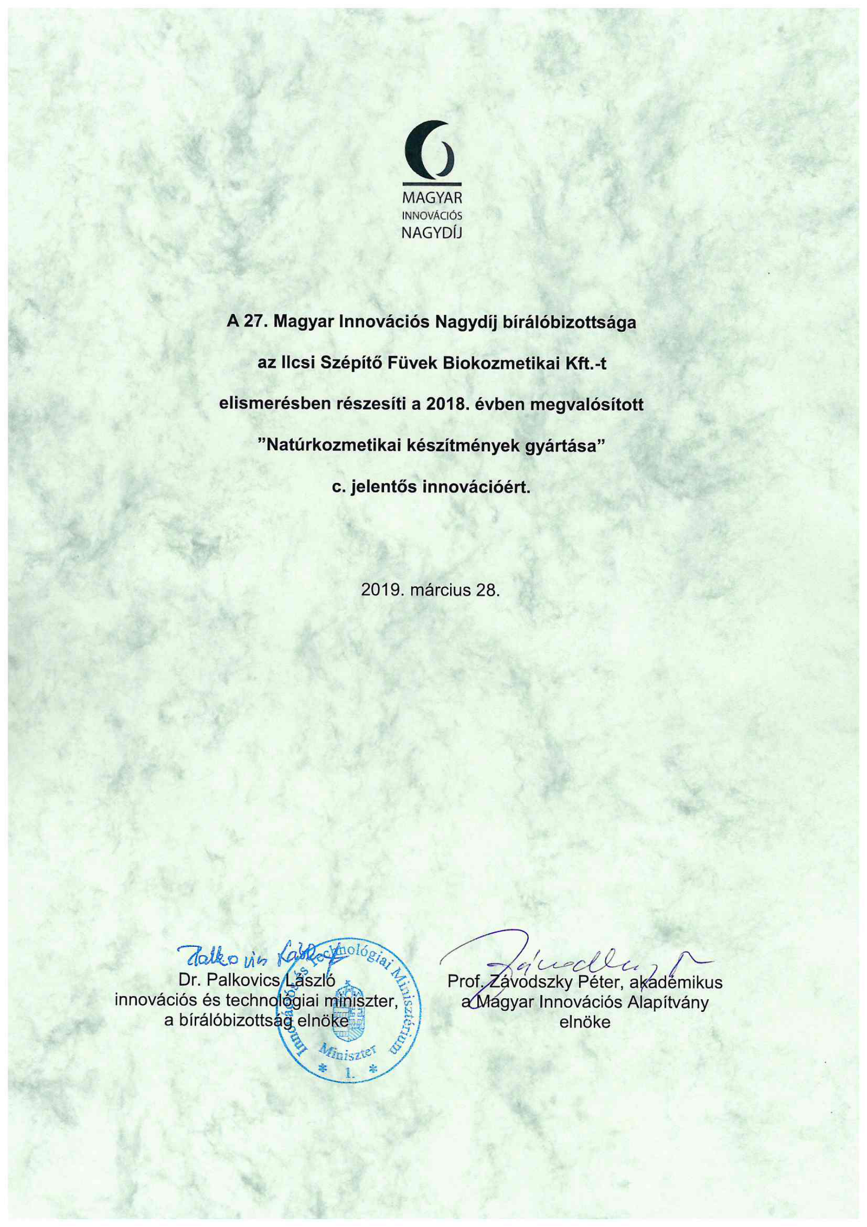 Certifikat_Magyar_Inovacni_Nagydij_Ilcsi