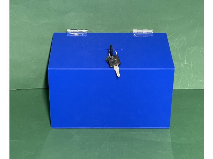 Kasička, pokladnička  300x200x200 mm,  plexi modré, zámek