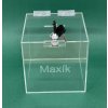 Plexi kasička, pokladnička s gravírem o rozměru 150x150x150mm + gravír a zámkem je vhodná pro Veřejné sbírky, charity, obce...