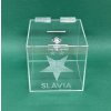 Plexi kasička, pokladnička s gravírem o rozměru 150x150x150mm + gravír a zámkem je vhodná pro Veřejné sbírky, charity, obce...