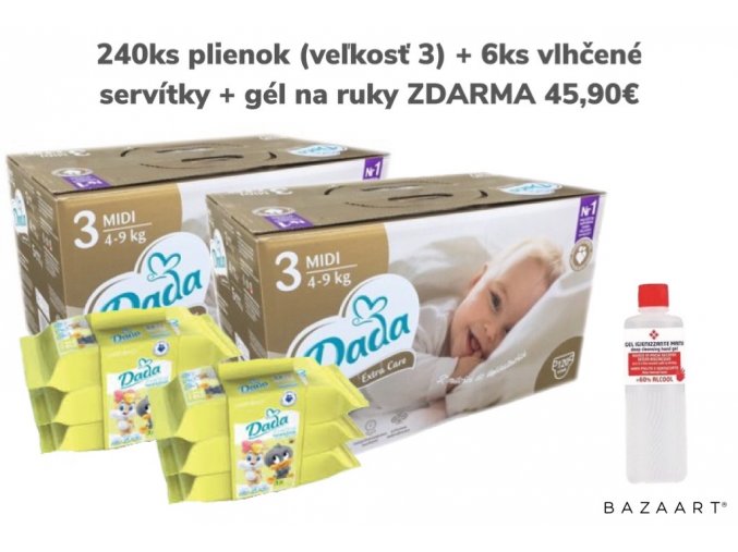 AKCIA BOX DADA extra care 240 ks plienok veľ. 3 + 6 ks vlhčené servítky + gél na ruky ZDARMA 45,90 €