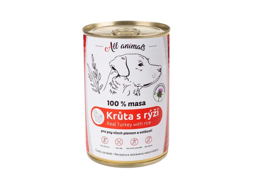 Plné bříško z.s. All Animals konzerva pro psy krůta mletá s rýží 400 g