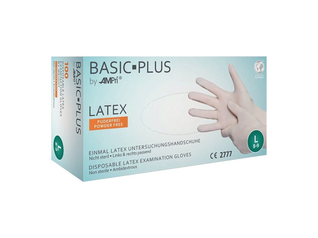 Jednorazové rukavice Basic Plus Latex EN 374, EN 455, EN 420 PPE kategória I 100 kusov / krabica AMPRI (Farba Veľkosť XL svetlo béžová, Veľkosť Latex EN 374, EN 455, EN 420 Kategória OOP I 100 kusov/krabica)