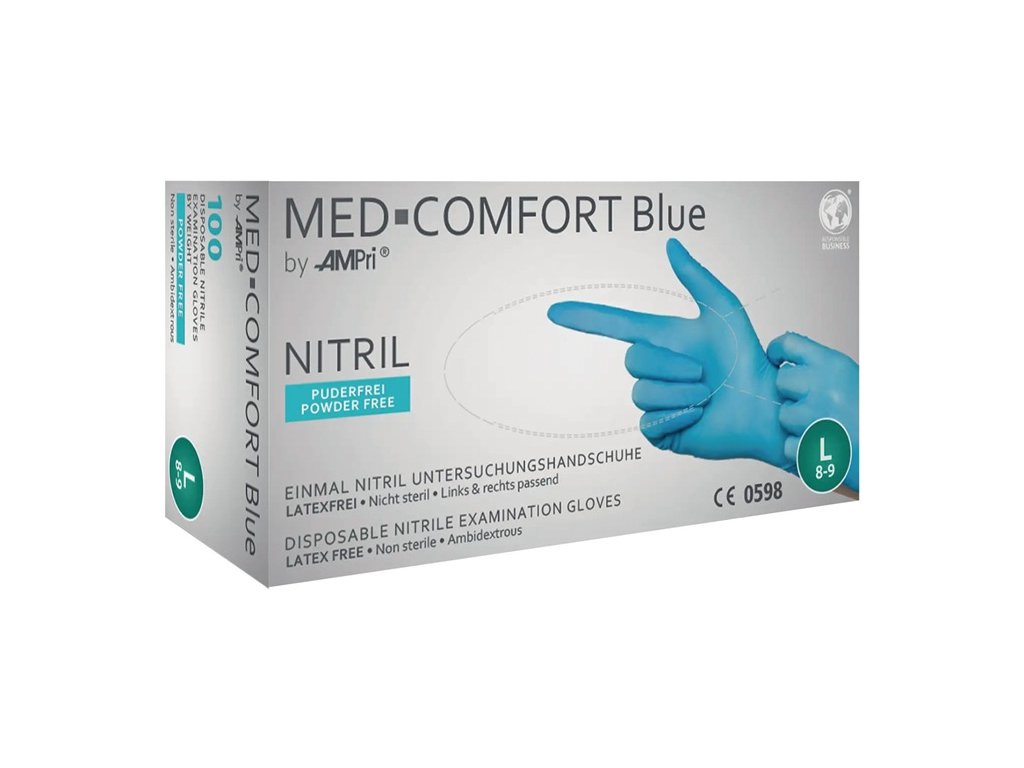 Jednorazové rukavice Med Comfort Blue Nitril PPE kategória III EN 21420, EN 374, EN 455 100 kusov / krabica AMPRI (Farba Veľkosť XL modrá, Veľkosť Nitril PPE kategórie III EN 21420, EN 374, EN 455 100 kusov/krabica)