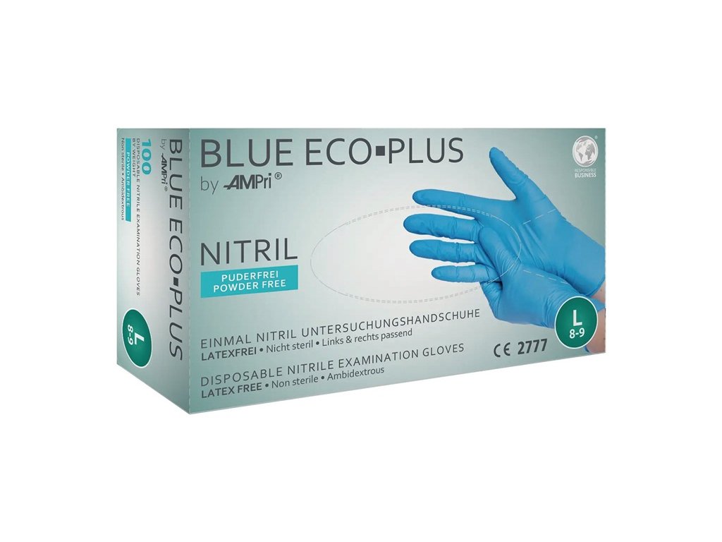 Jednorazové rukavice Blue Eco Plus Nitril EN 374, EN 455, EN 21420 PPE kategória I 100 kusov / krabica AMPRI (Farba Veľkosť XL modrá, Veľkosť Nitril EN 374, EN 455, EN 21420 Kategória OOP I 100 kusov/krabica)