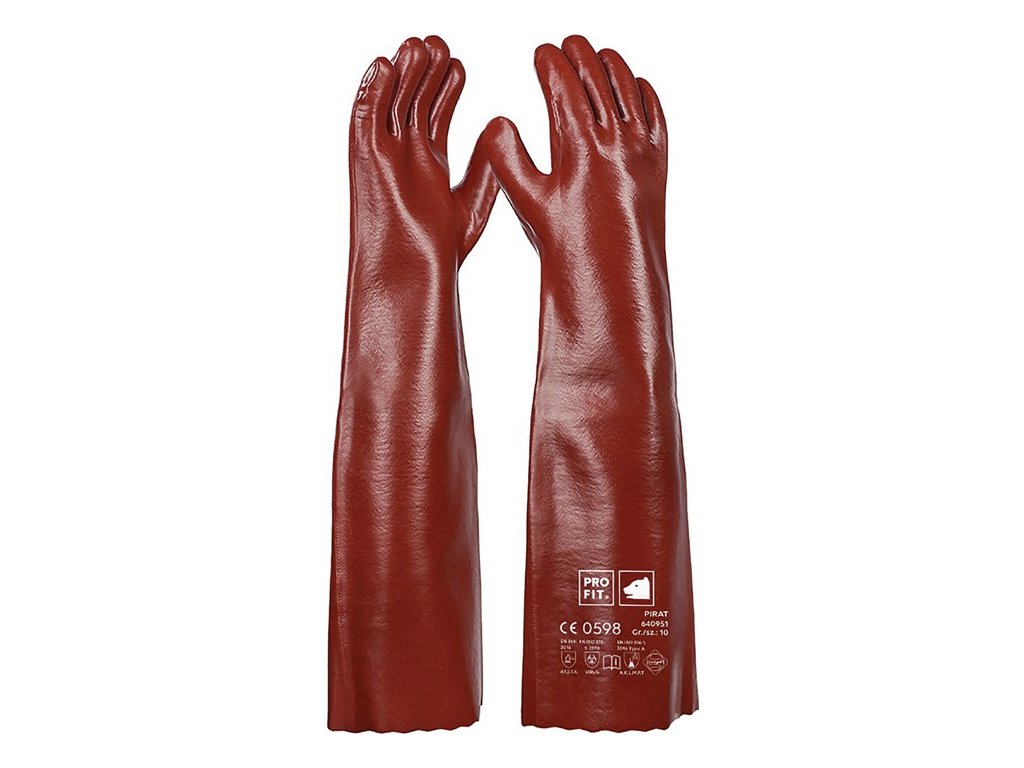 Chemické ochranné rukavice Pirát veľkosť 10 červenohnedé PVC EN 388, EN ISO 374-1 kategória PPE III PRO FIT (Farba Veľkosť 10 červenohnedý, Veľkosť PVC EN 388, EN ISO 374-1 kategória OOP III)
