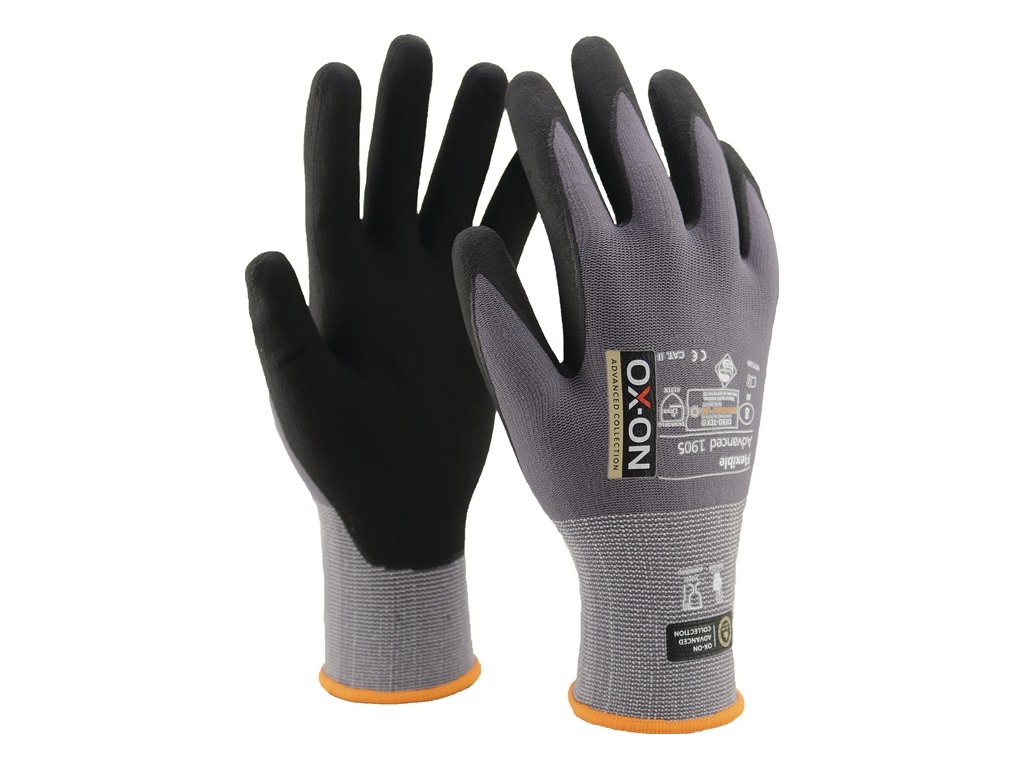 Rukavice Flexible Advanced 1905 EN 388, EN 420+A1 kategória PPE II OX-ON (Farba Veľkosť 12 čierna/svetlosivá, Veľkosť EN 388, EN 420+A1 kategória OOP II)