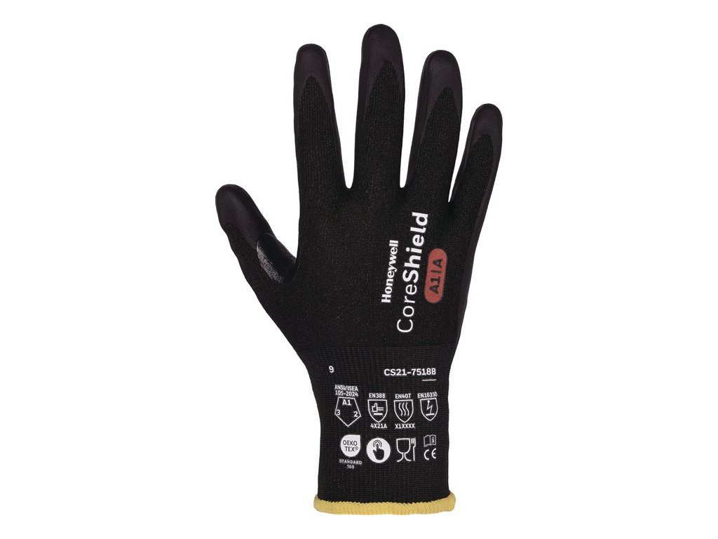 Rukavice na ochranu proti porezaniu CORESHIELD 18G BLACK EN 388, EN 407, EN 36350 PPE kategória II HONEYWELL (Farba Veľkosť 10 čierna, Veľkosť EN 388, EN 407, EN 36350 Osobné ochranné prostriedky kategórie II)