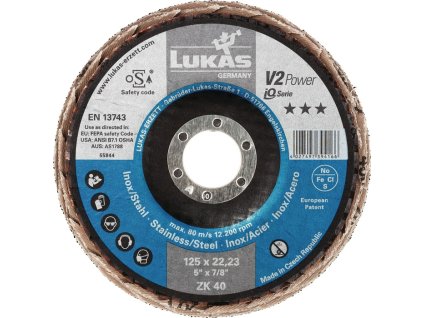 Lamelový kotúč V2 POWER ZK Ø 125 mm zrnitosť 40 plochá oceľ zirkón korund 10 LUKAS (Farba Ø 125 mm veľkosť zrna 40 ploché, Veľkosť Oceľ oxid zirkoničitý oxid hlinitý  10)