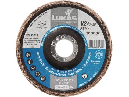 Lamelový kotúč V2 POWER CER Ø 125 mm zrnitosť 40 plochý INOX, oceľ, titán CER (keramické zrno) 10 LUKAS (Farba Ø 125 mm veľkosť zrna 40 ploché, Veľkosť INOX, oceľ, titán CER (keramická drť)  10)