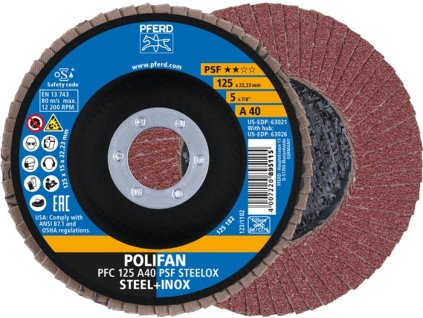 Lamelový kotúč PFERD TOOLS (Farba Ø 125 mm zrnitosť 40 kužeľová, Veľkosť Oceľ/INOX normálny korund)