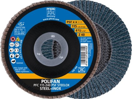 Lamelový kotúč PFERD TOOLS (Farba Ø 115 mm zrnitosť 40 kužeľová, Veľkosť Oceľ / INOX oxid zirkoničito-hlinitý)