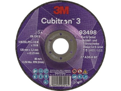 Hrubovací kotúč Cubitron™ 3 Cut and Grind Bore 22,23 mm 3M (Farba D125xS3,2 mm zrnitosť 36+, Veľkosť s kľukou 3M™ Cubitron™ 6 Otvor 22,23 mm)