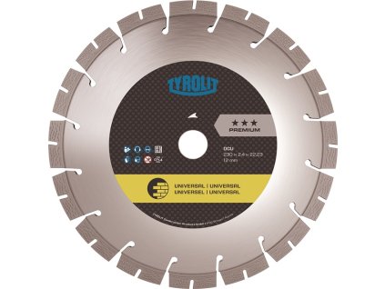 Diamantový rezný kotúč TYROLIT (Farba Ø 230 mm Vŕtanie 22,23 mm, Veľkosť Konštrukcia univerzálna Výška segmentu 12 mm Hrúbka segmentu 2,4 mm)