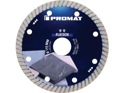 Diamantový rezný kotúč FLIESEN PRO T Výška segmentu 7 mm Hrúbka segmentu 1,6 mm Uhlová brúska PROMAT (Farba Ø 115 mm Otvor 22,23 mm, Veľkosť Výška segmentu 7 mm Hrúbka segmentu 1,6 mm Uhlová brúska)