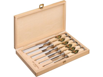 Súprava sekáčov  6,10,12,16,20,26 mm Rukoväť z bieleho bukového dreva Ulmský tvar (Farba 6,10,12,16,20,26 mm, Veľkosť hrabová rukoväť tvar Ulm)