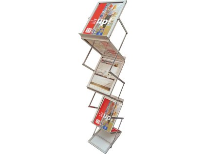 Stojan na brožúry H1450xŠ270xD360mm hliníkový strieborný skladací 6 priehradiek A4 (Farba V1450xŠ270xH360mm, Veľkosť Hliníkový strieborný skladací 6 priehradiek A4)