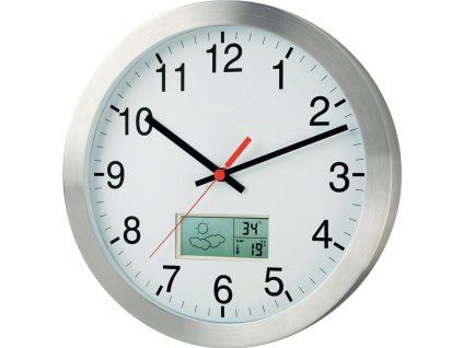 Hodiny (Farba Rádiom riadené hodiny hliník matná strieborná, Veľkosť 1,5 V Ø 300 mm Figúrky s termo/hygrometrom)