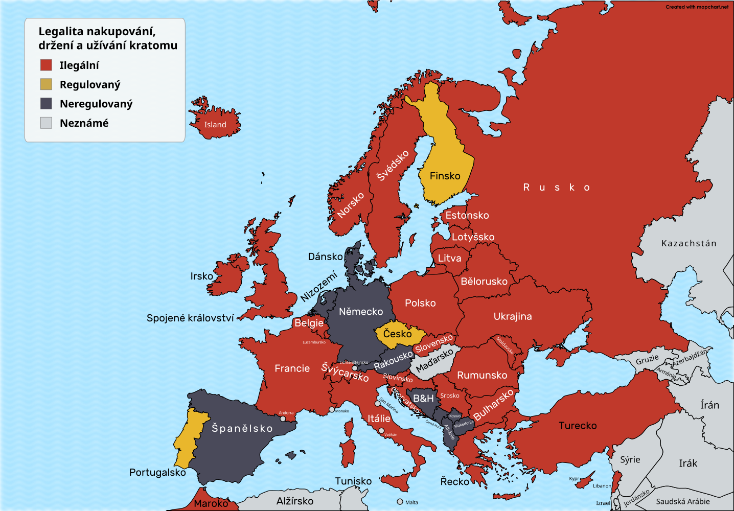 Mapa legalnego statusu sprzedaży, posiadania i używania kratomu