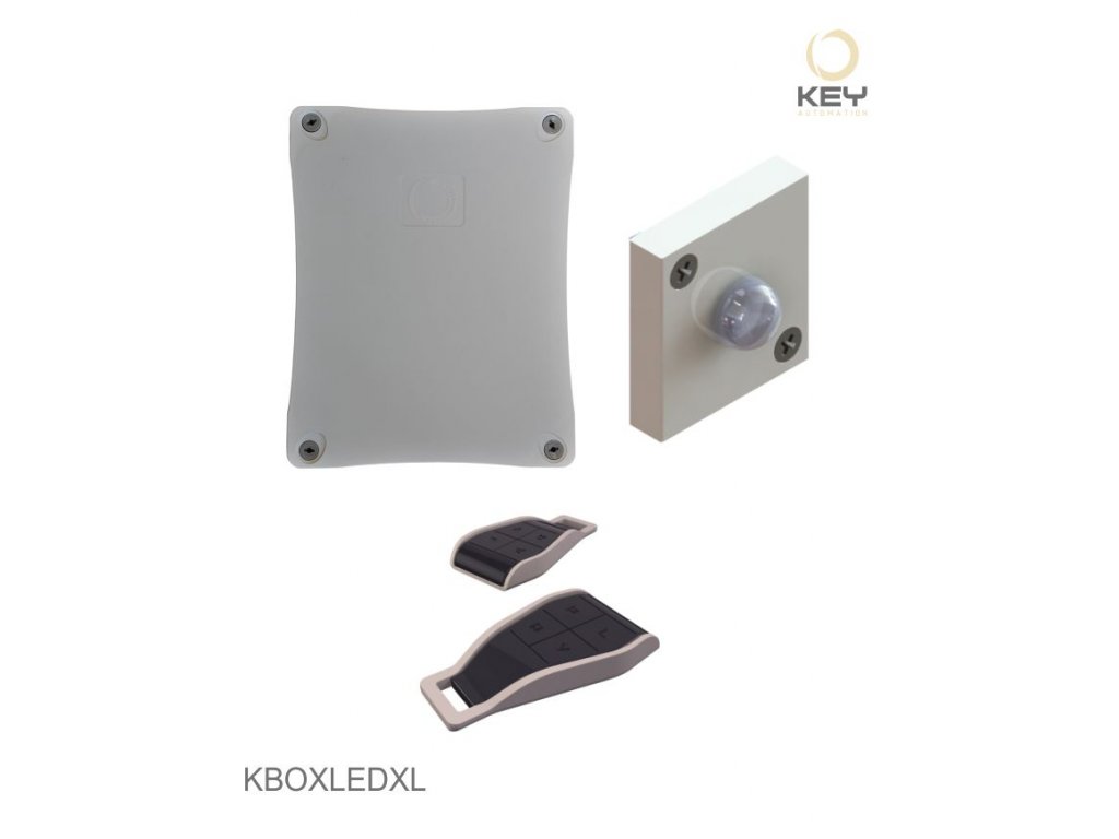 GARDEN BOX - kit pro ovládání 64 zahradních světel KEY. Kit obsahuje: elektroniku (BOXLEDXL), noční senzor (QUADRO), 2x ovladač (KPLAY4R).