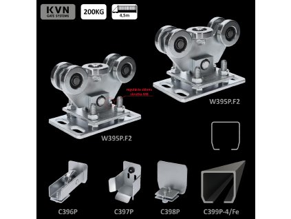 Samonosný systém 69x69x4 pro posuvné brány do 200 kg / 4,5 m otvor (C399P-4/Fe 1x6m černý profil, W395P.F2 2ks, C396P 1ks, C397P 1ks, C398P 1ks)