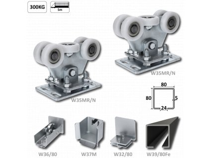 Samonosný systém 80x80x5 mm pro posuvné brány do 300 kg / 5 m otvor (W39/80Fe 6 m černy profil, 2x W35MR/N, 1x W36/80, 1x W37M, 1x W32/80)