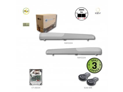 RAYKIT pro dvoukřídlovou bránu do 3m/křídlo, 2x RAY2224 bez LED (24 V, 85 W, 1500 N), 1x CT-20224 se zabudovaným příjmačem, 2x SUB-44R