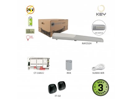 RAYKIT pre jednokrídlovú bránu do 2.5m / krídlo, 1x RAY2524 (24V, 85W, 1500N), 1x CT-14AB2, 1x SUB-44WR, 1x RX4, 1 pár FT-32