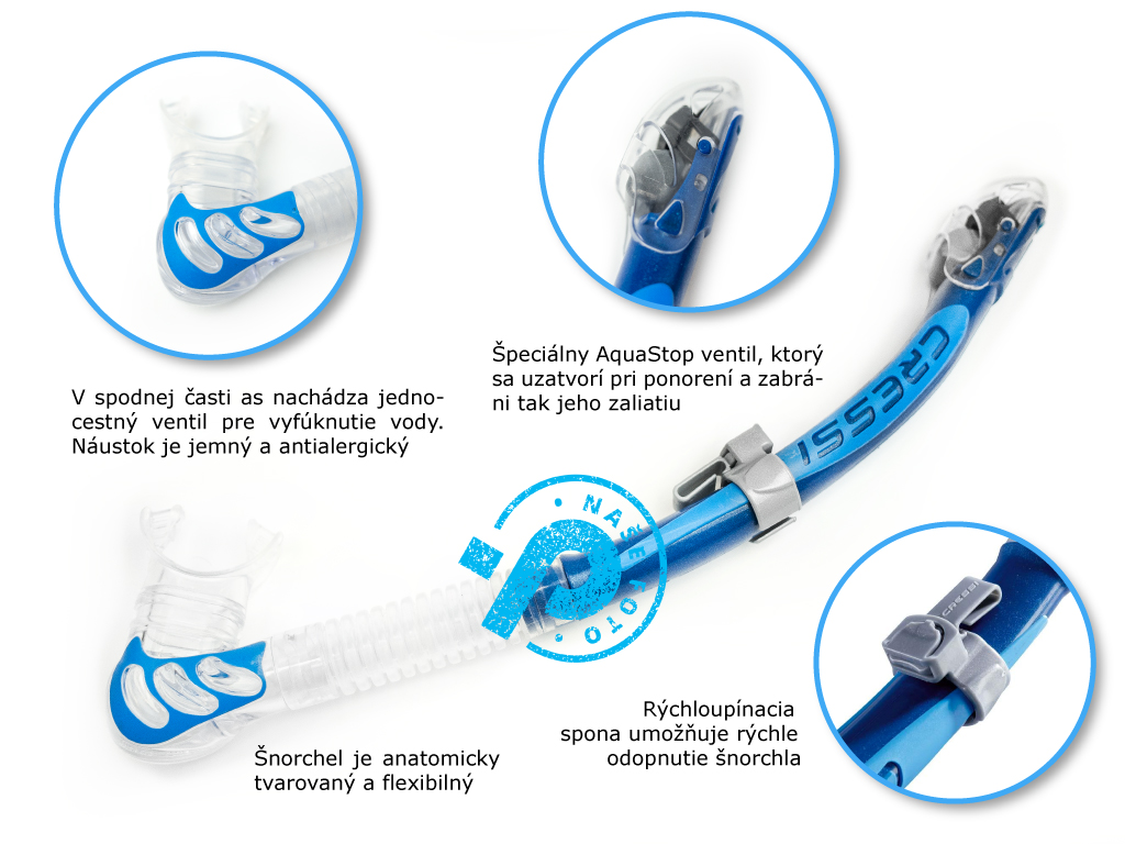 výhody suchého šnorchla, dýchacia trubica Cressi Alpha Dry v obhcode Plutvy.sk