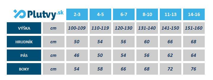 tabuľka veľkostí krátky detský neoprén Agama Nemo Short, v obchode Plutvy.sk