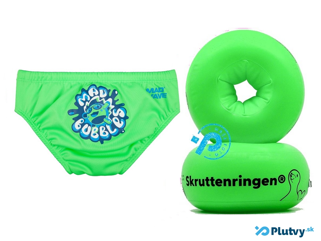 set pre bábätká a malých plavcov Farba: zelená, Veľkosť: 6-12 mesiacov rukávniky Täta Rings a plavky s plienkou Bubbles