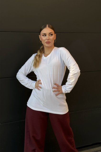 Tričko s dlhým rukávom z organickej bavlny výstrih V UNISEX WHITE