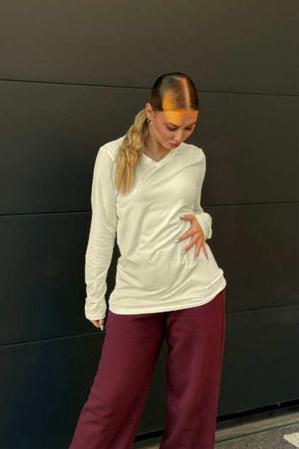 Tričko s dlhým rukávom z organickej bavlny výstrih V UNISEX IVORY