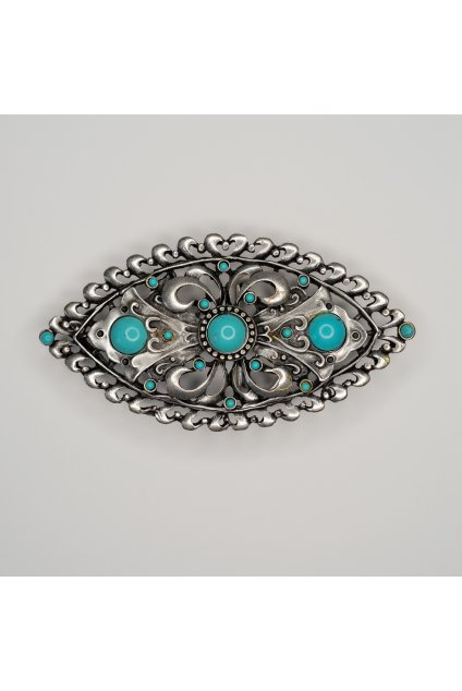 2080 dizajnova strieborna pracka na kozeny opasok tyrkys filigran 140 mm x 70 mm s108