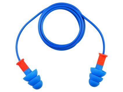 TPR zátky do uší, vícenásobně použitelné a magneticky detekovatelné, s plastovou šňůrkou. Železné a mosazné vložky, ideální pro potravinářský průmysl. Lze použít se šňůrkou nebo bez ní. Balení: 50 párů (Barva Modrá, Velikost Univerzální)